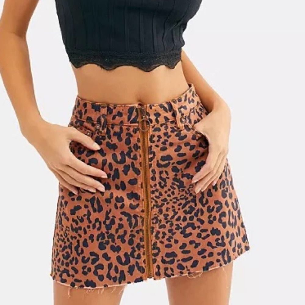 Free People Zip It Up Leopard Print Denim Mini Skirt